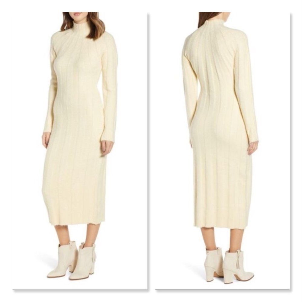 4SI3NNA: Wide Rib Midi Sweater Dress - size Medium in Ivory